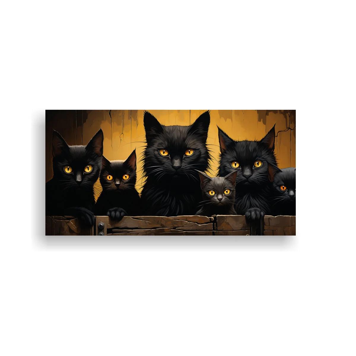 Cuadro grupo de gatos negros tras valla de madera