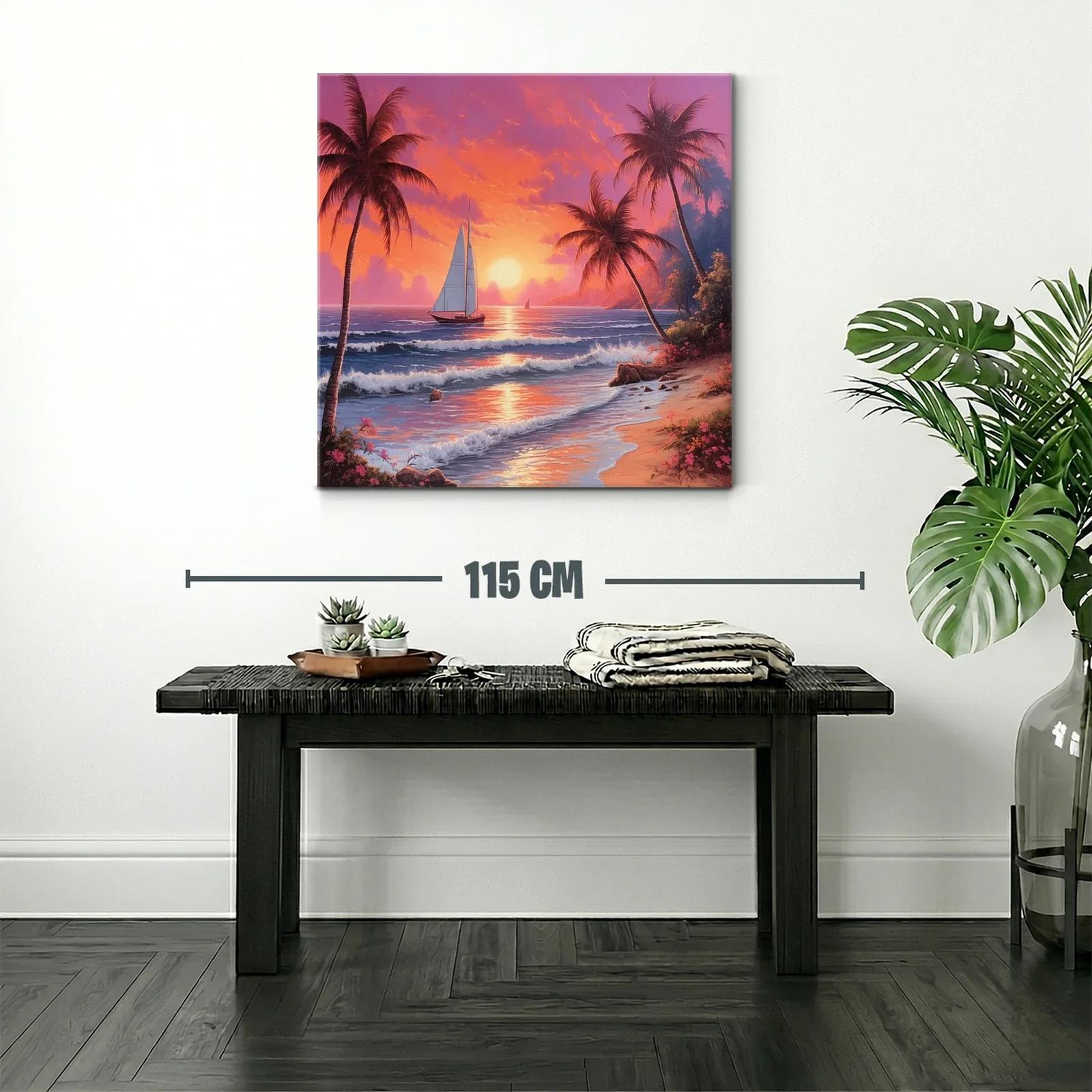 Atardecer tropical con velero y palmeras en la playa — miniatura 2