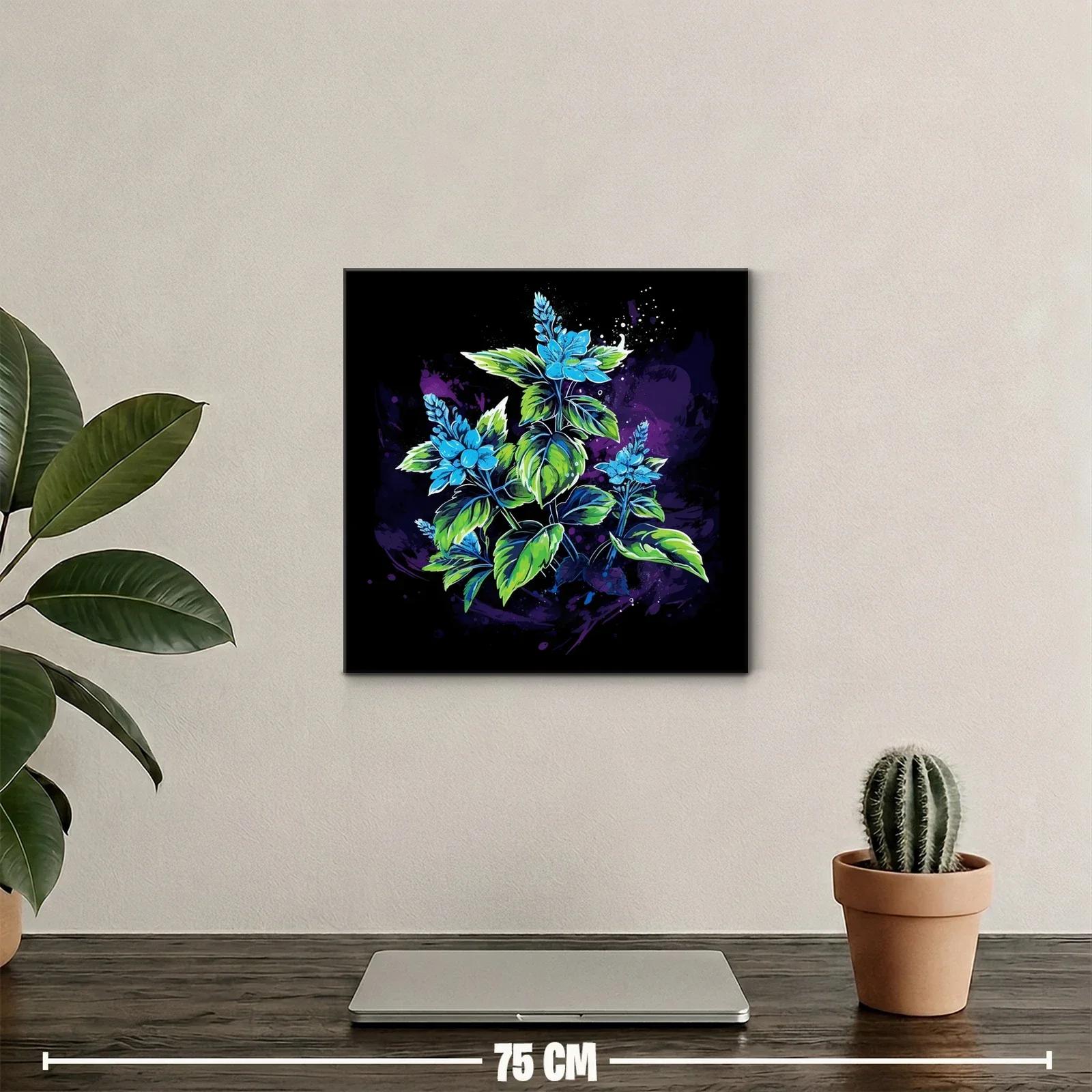Cuadro con flores azules y hojas verdes sobre fondo oscuro — miniatura 2