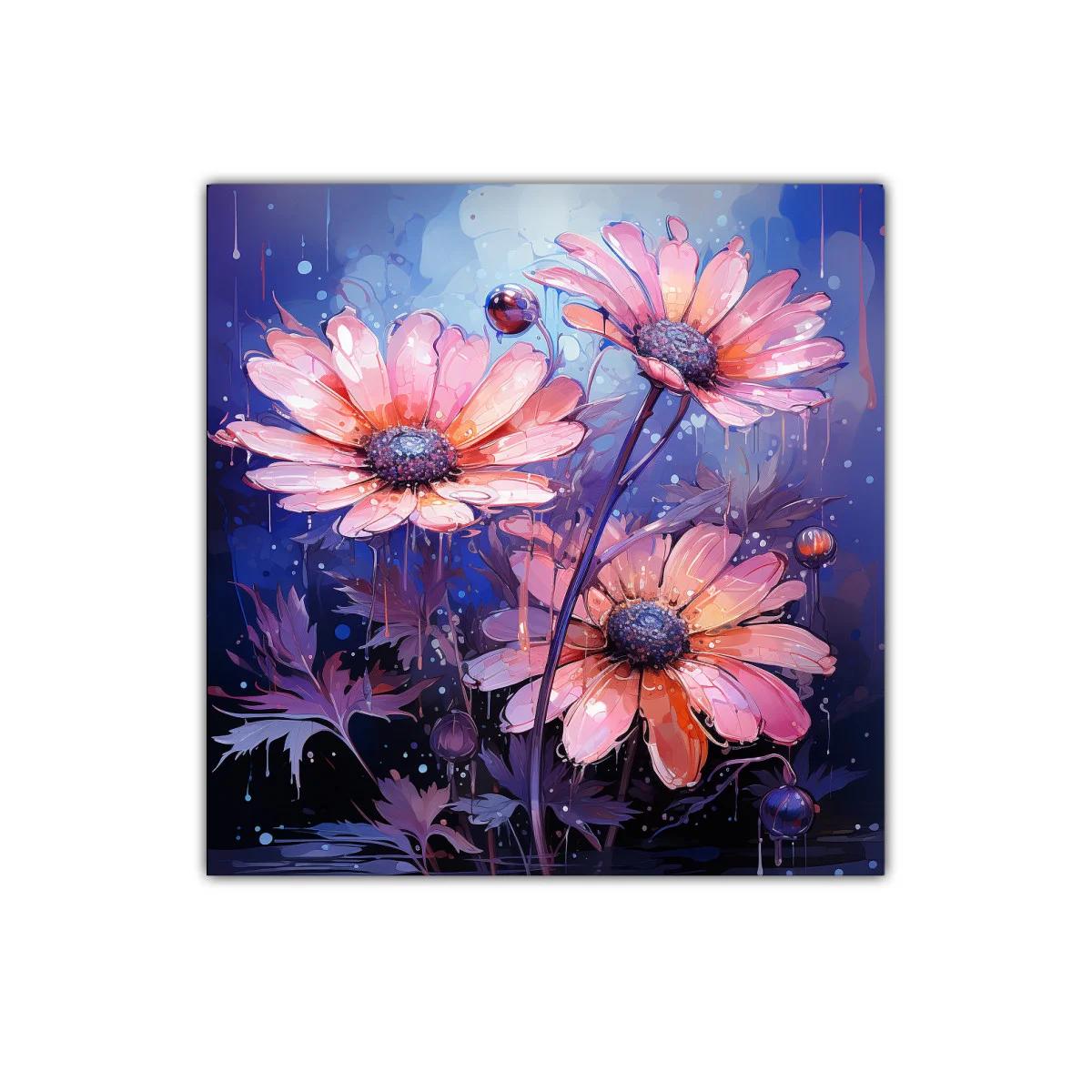 Cuadro floral con flores rosas sobre fondo azul profundo — imagen principal