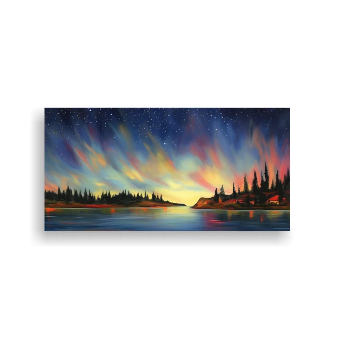 Cuadro aurora boreal sobre un lago con pinos