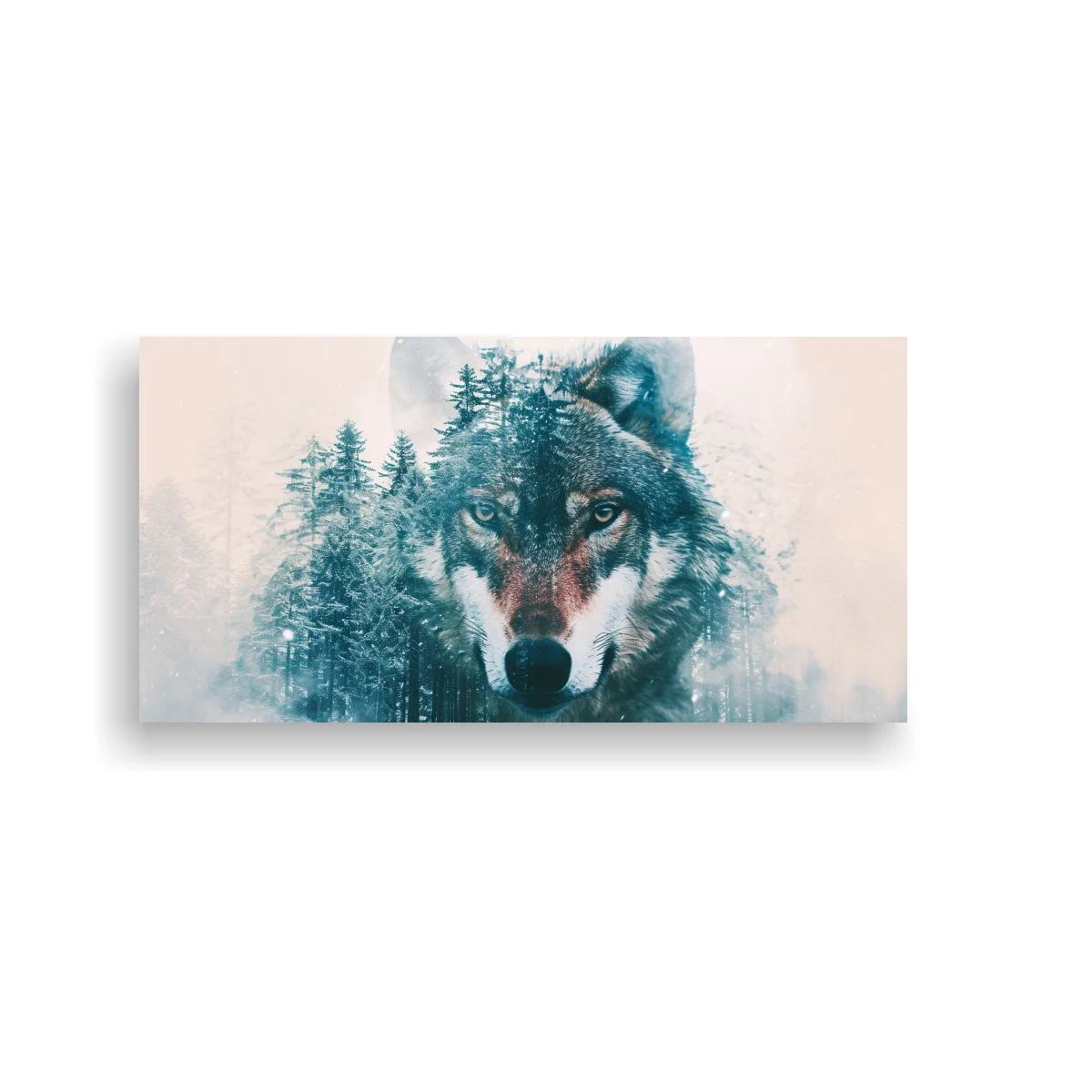 Cuadro lobo con bosque de coníferas y doble exposición