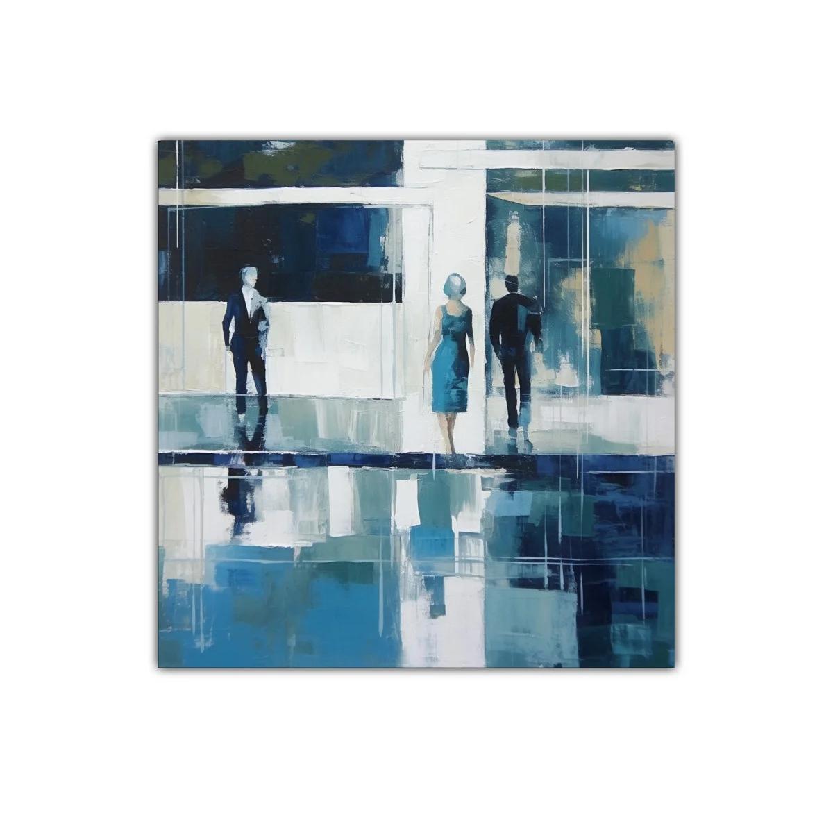Cuadro abstracto con siluetas y reflejos en tonos azules — imagen principal