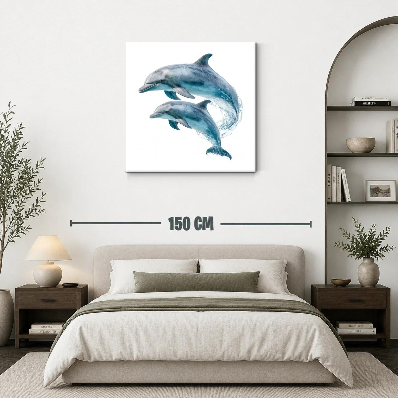 Cuadro de delfines saltando en tonos azules y grises — miniatura 3