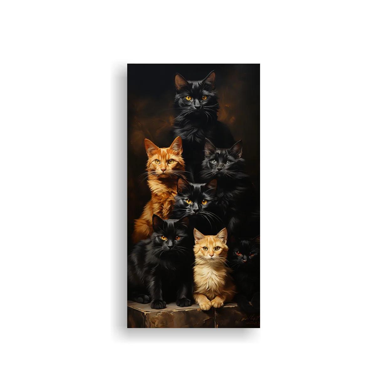 Cuadro grupo de gatos en tonos negros y naranjas