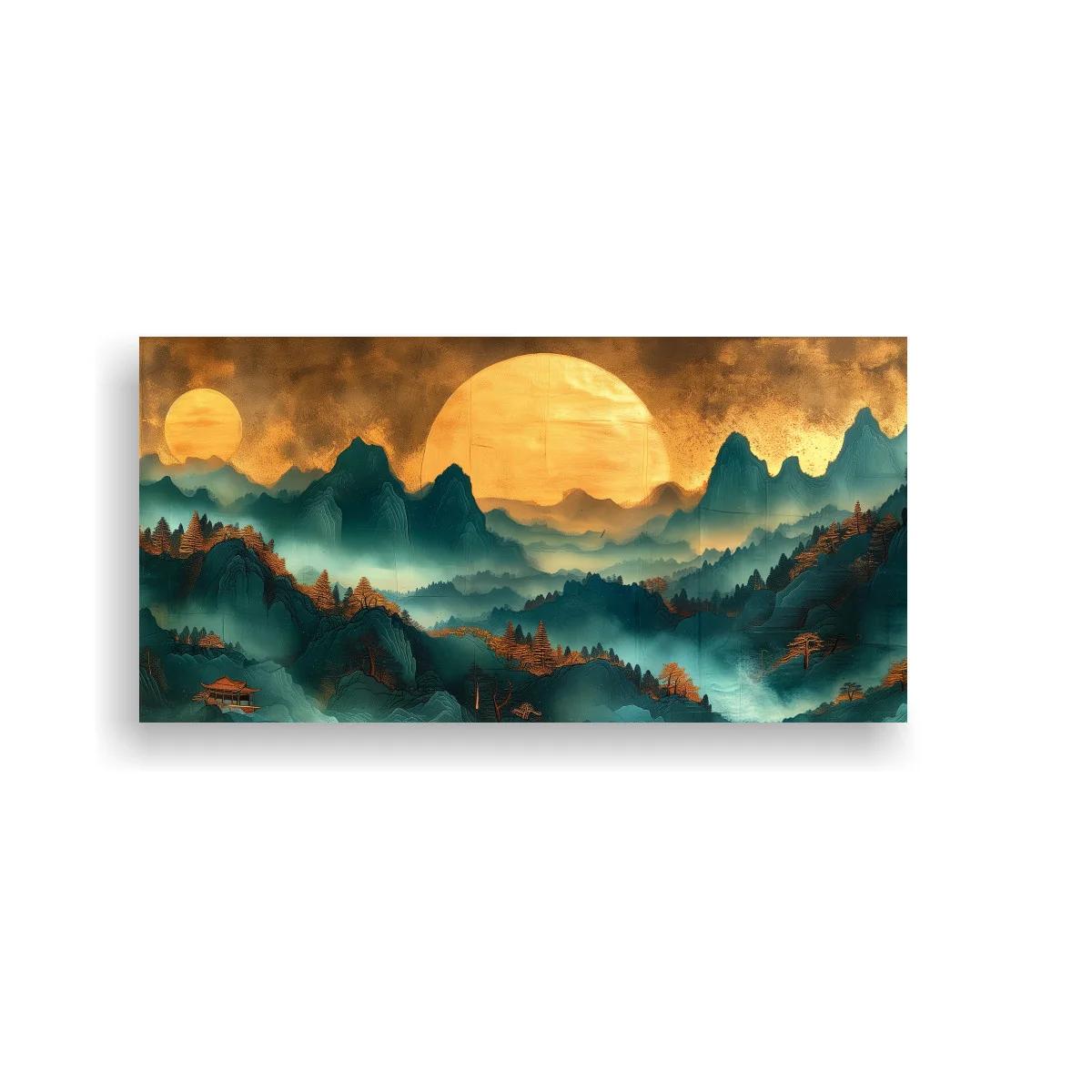 Cuadro paisaje de montañas con gran sol entre nubes