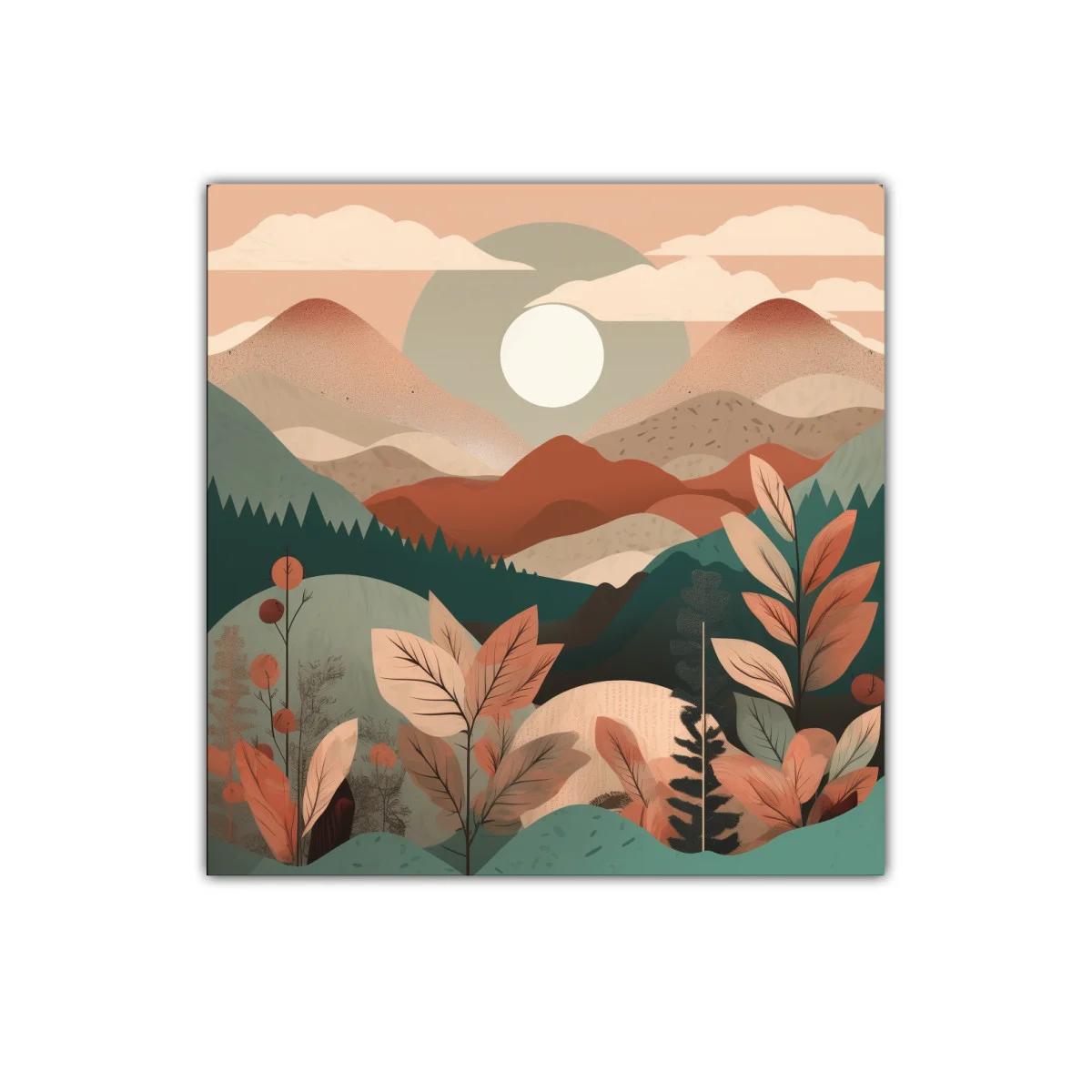 Paisaje sereno con montañas y hojas en tonos otoñales — imagen principal