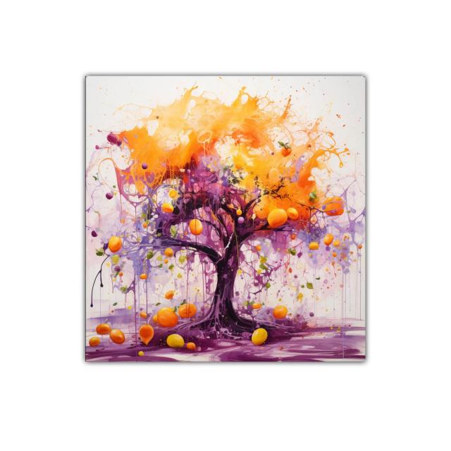 Árbol vibrante con frutos en tonos cálidos y púrpuras