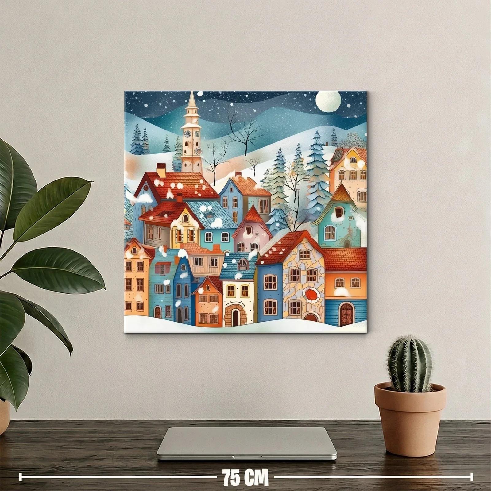 Pintoresco pueblo nevado bajo luna llena — miniatura 2