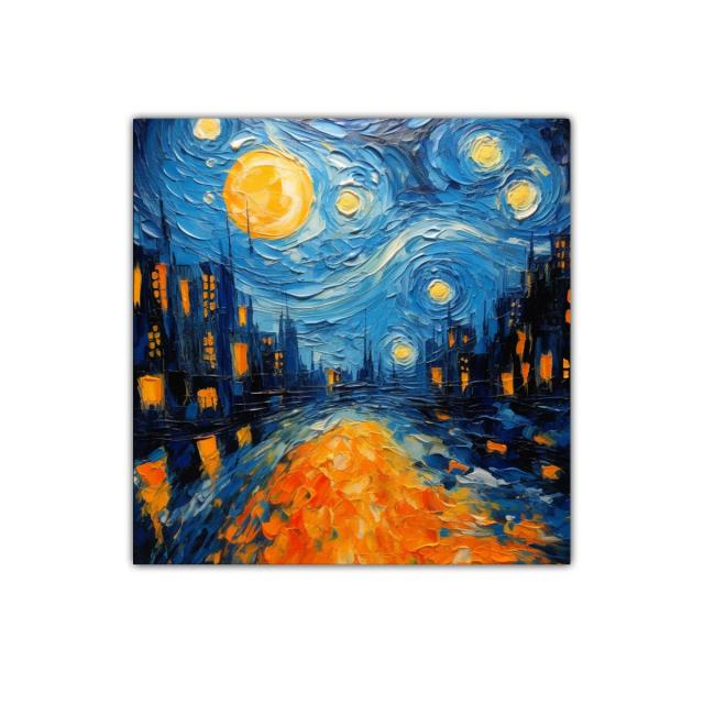 Calle nocturna iluminada en tonos azules y naranjas vibrantes