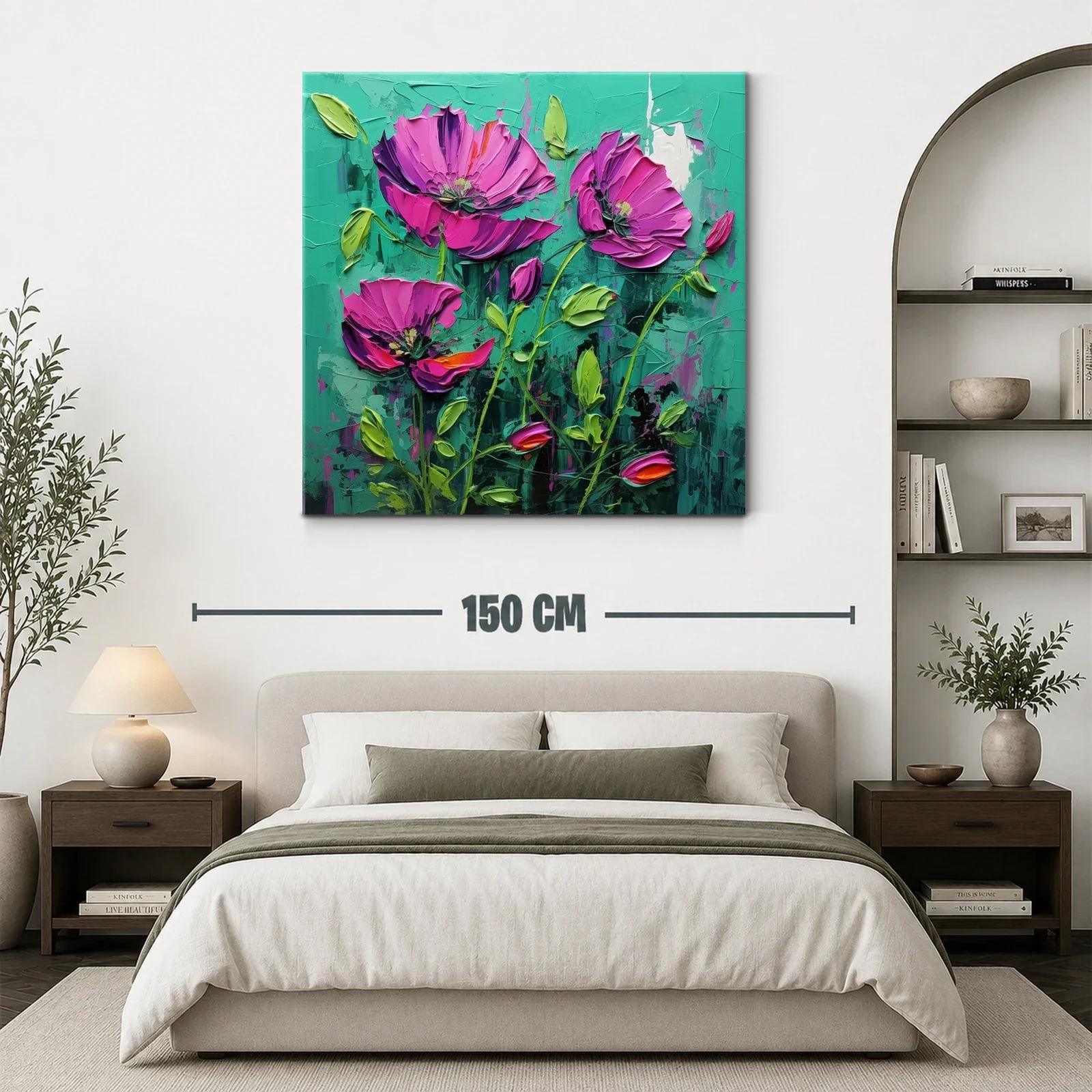 Cuadro con flores fucsias vibrantes sobre fondo verde — miniatura 3