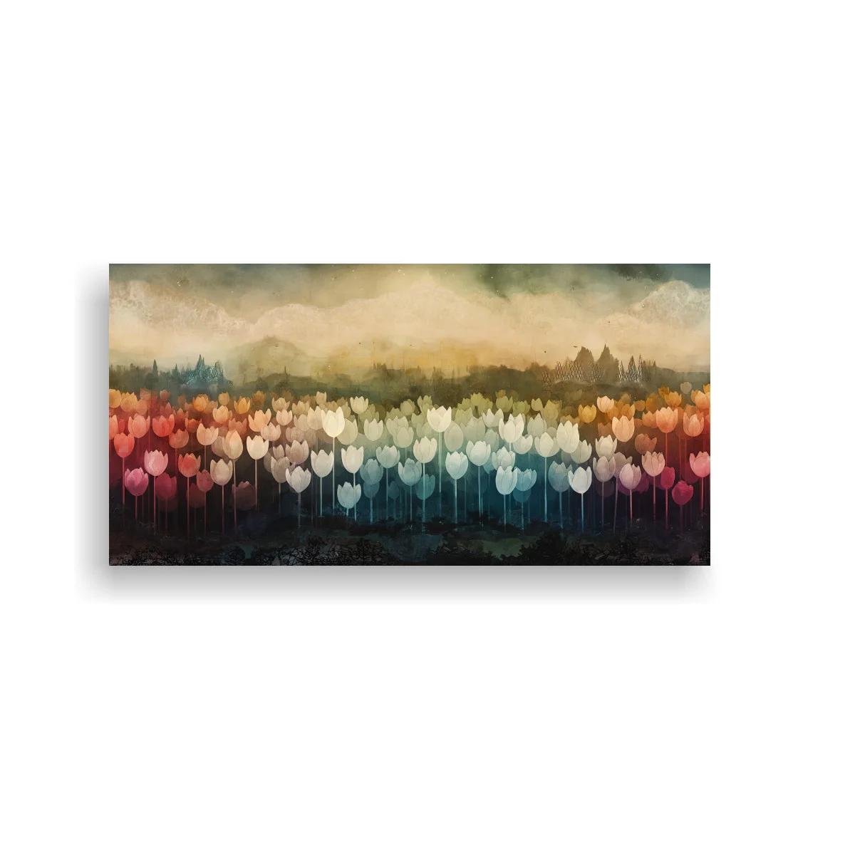 Cuadro campo de tulipanes con árboles lejanos y cielo difuso
