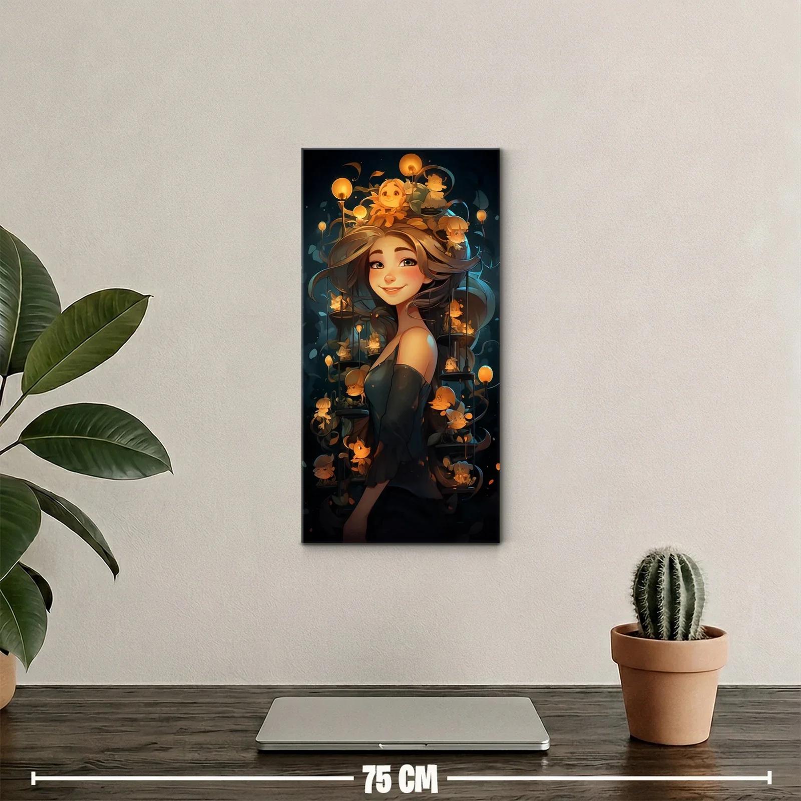 Cuadro mujer joven con flores y faroles cálidos — miniatura 2