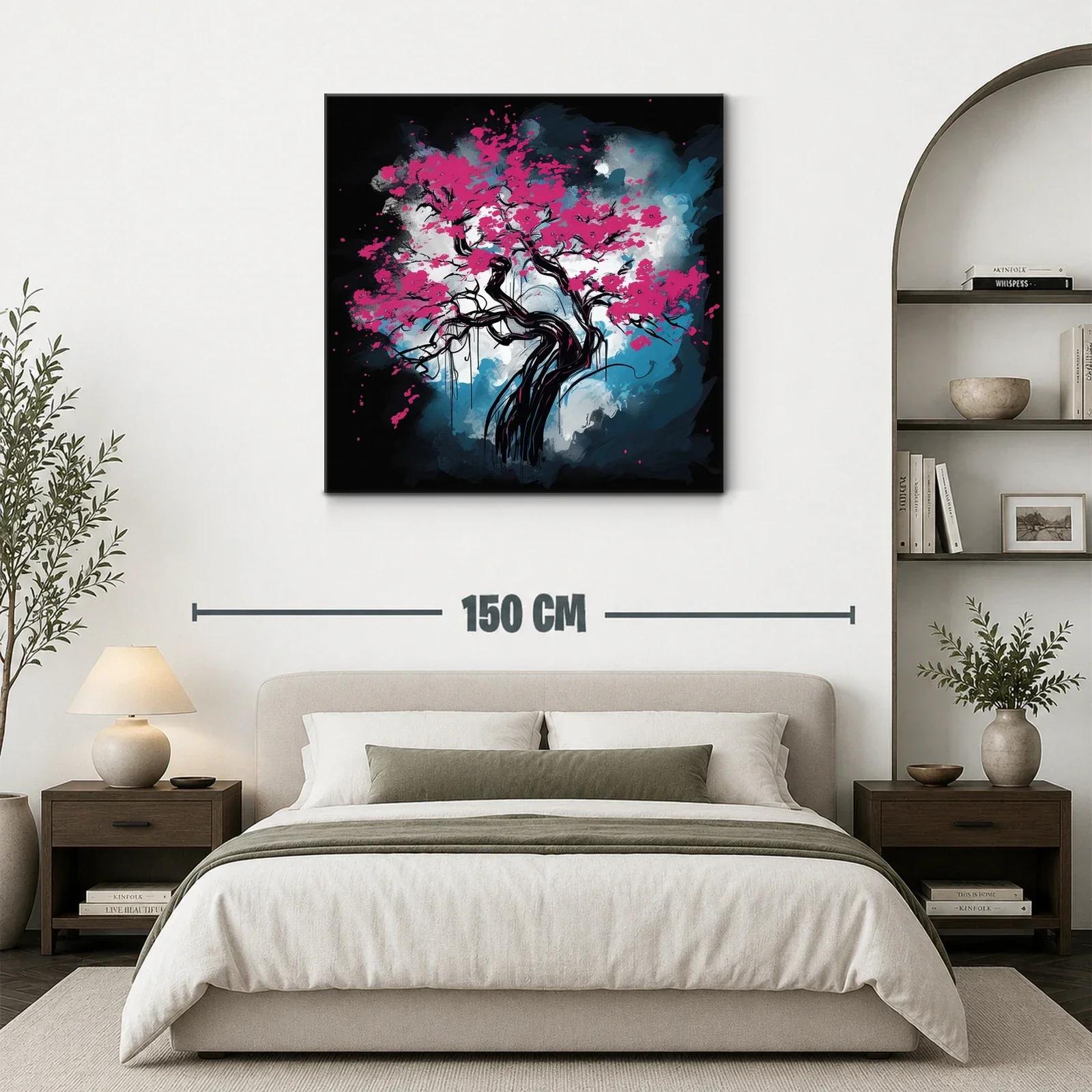 Árbol de flores fucsias sobre fondo abstracto azul y negro — miniatura 3
