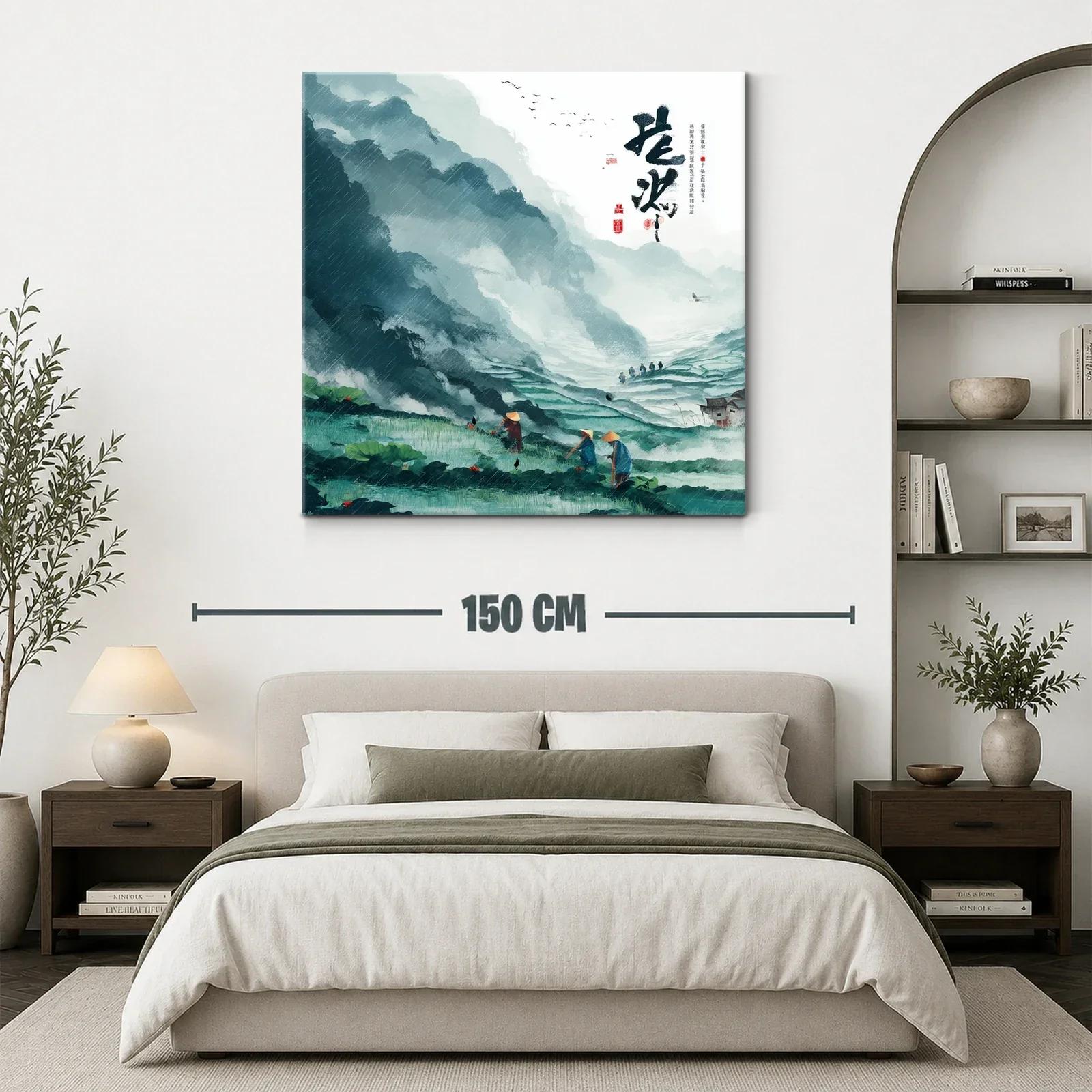 Paisaje sereno con montañas y campesinos en tonos verdes y azules — miniatura 3