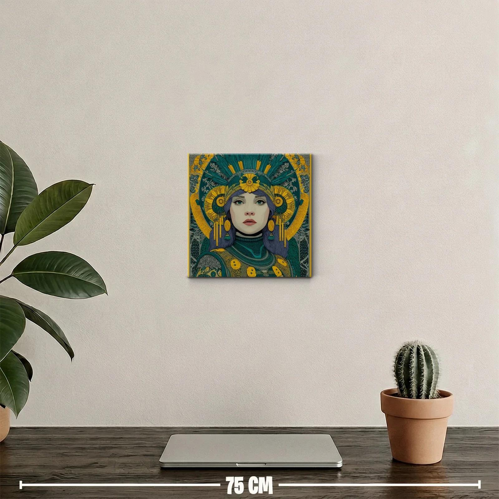 Retrato femenino con detalles ornamentales en tonos verdes y amarillos — miniatura 2