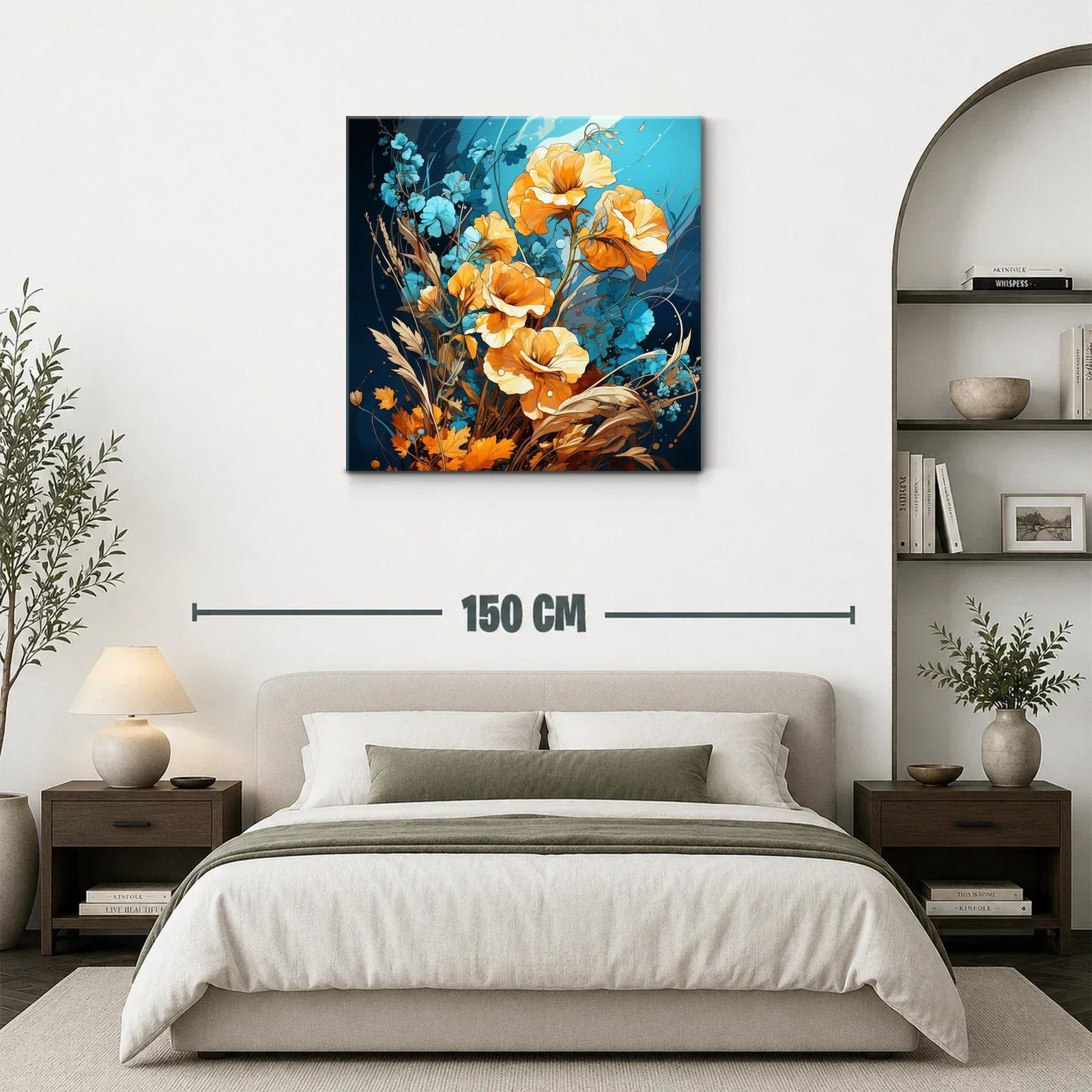 Cuadro con flores vibrantes en tonos naranjas y azules — miniatura 3