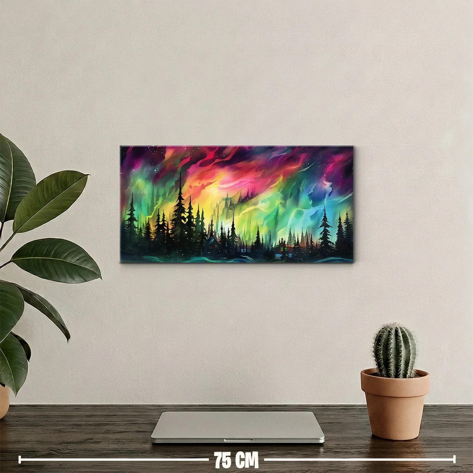 Cuadro aurora boreal sobre bosque de pinos con cabañas iluminadas — miniatura 2
