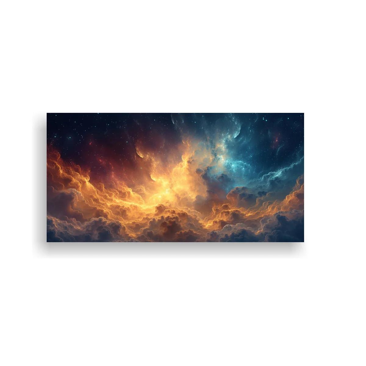 Cuadro cielo de nubes iluminadas con contraste dorado y azul