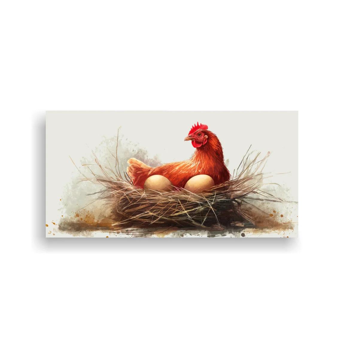 Cuadro gallina en nido de ramas y paja