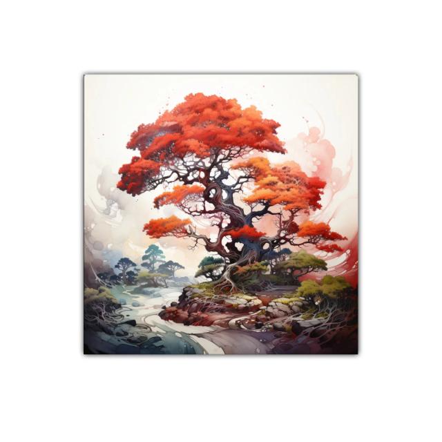 Árbol vibrante con follaje rojo intenso y paisaje onírico