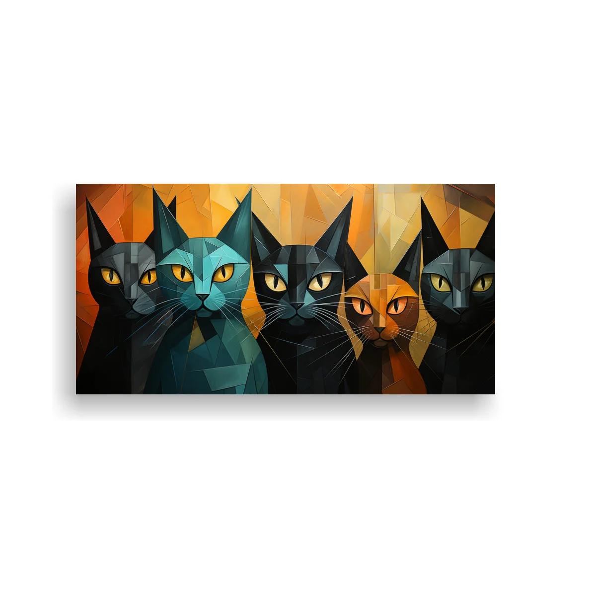 Cuadro de cinco gatos facetados