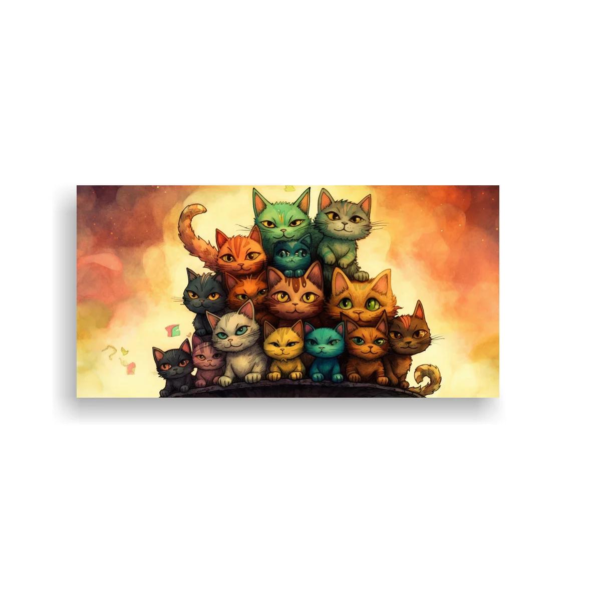 Cuadro grupo de gatos de colores con fondo difuso y brillante