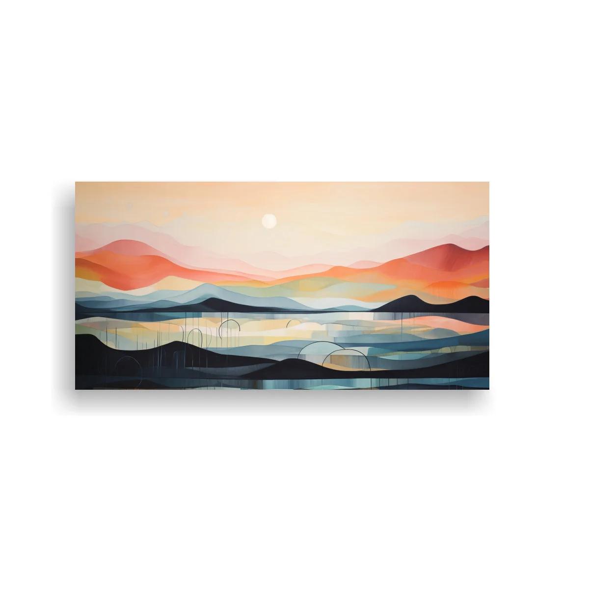 Cuadro paisaje de montañas y lago al atardecer con arcos lineales — imagen principal