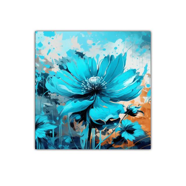 Cuadro con flor azul vibrante sobre fondo abstracto cálido