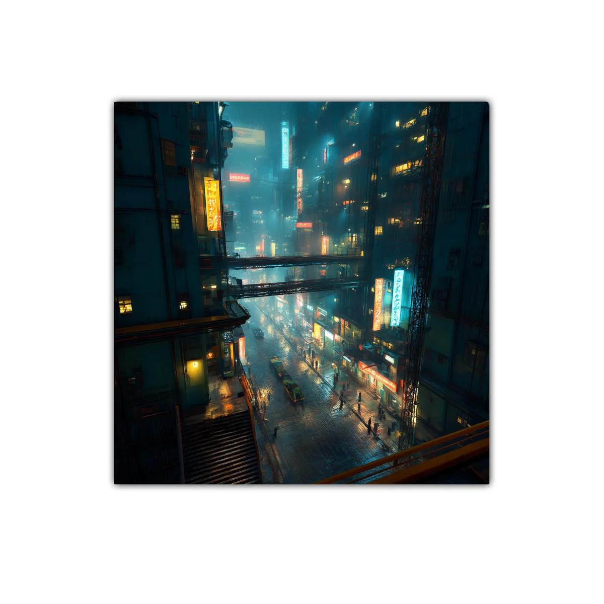 Paisaje urbano nocturno con luces de neón sobre calle mojada — imagen principal