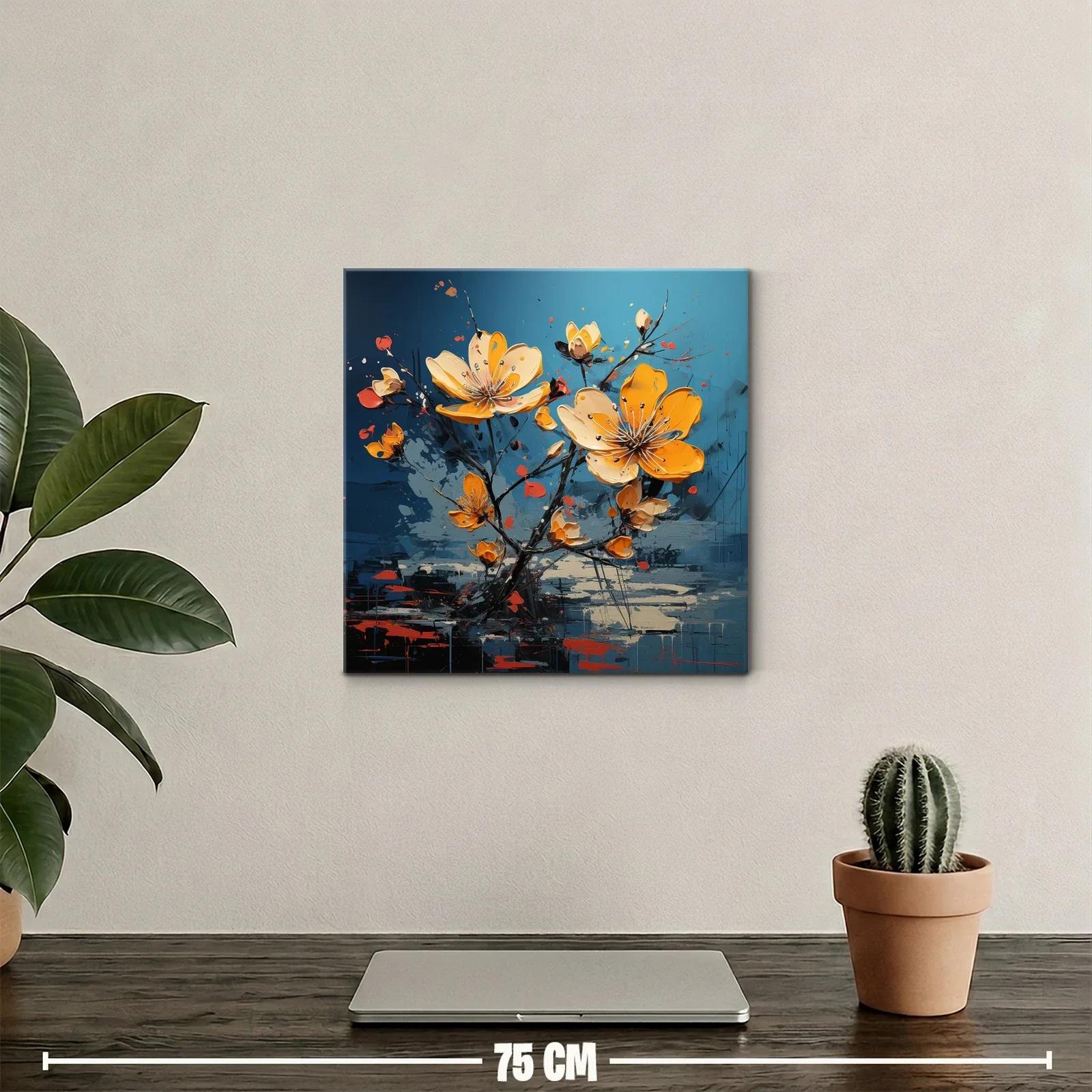 Cuadro floral en vibrantes tonos amarillos y fondo azul — miniatura 2