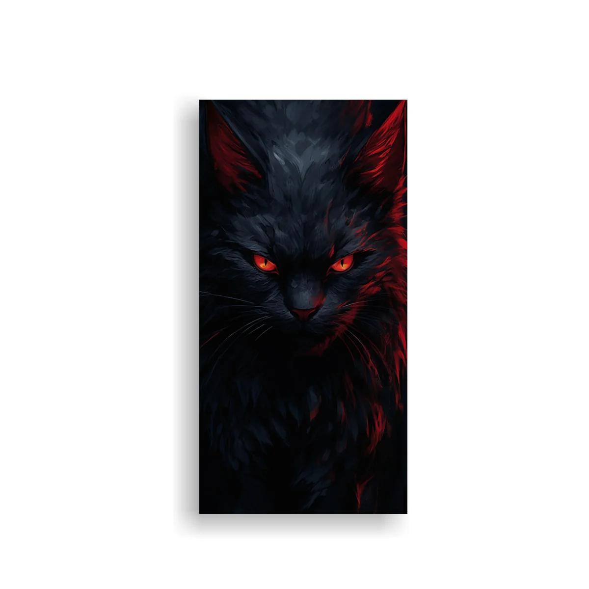 Cuadro gato negro de ojos rojos con luces rojas y frías