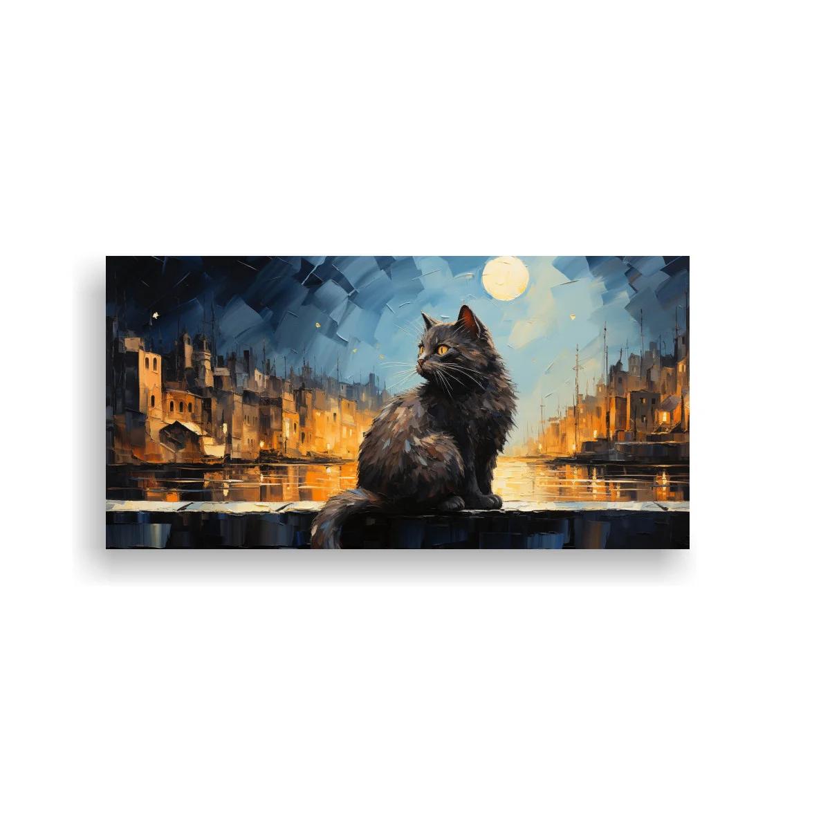 Cuadro gato negro de pelo largo con luna y reflejos nocturnos
