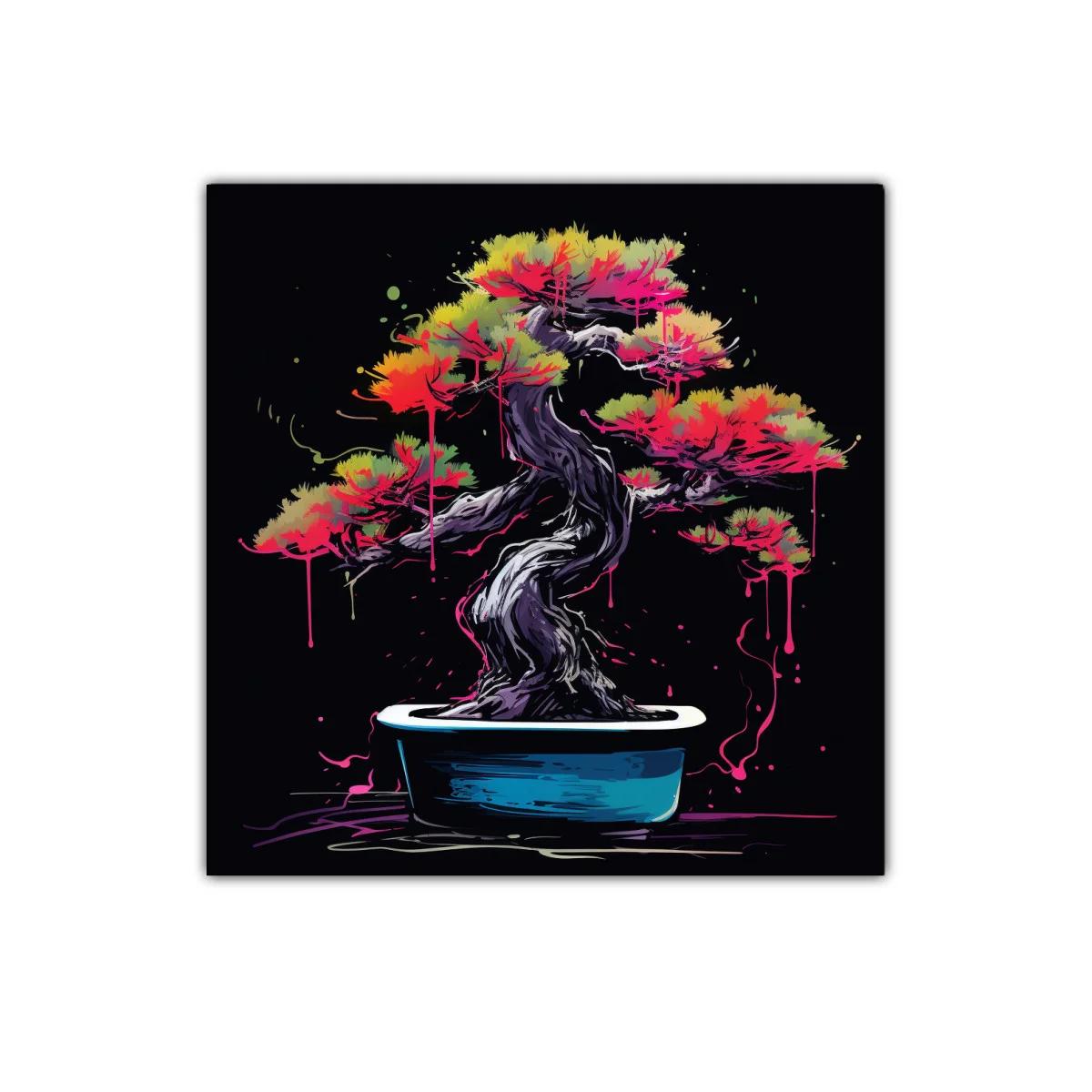 Árbol bonsái vibrante con tonos neón sobre fondo oscuro — miniatura 1