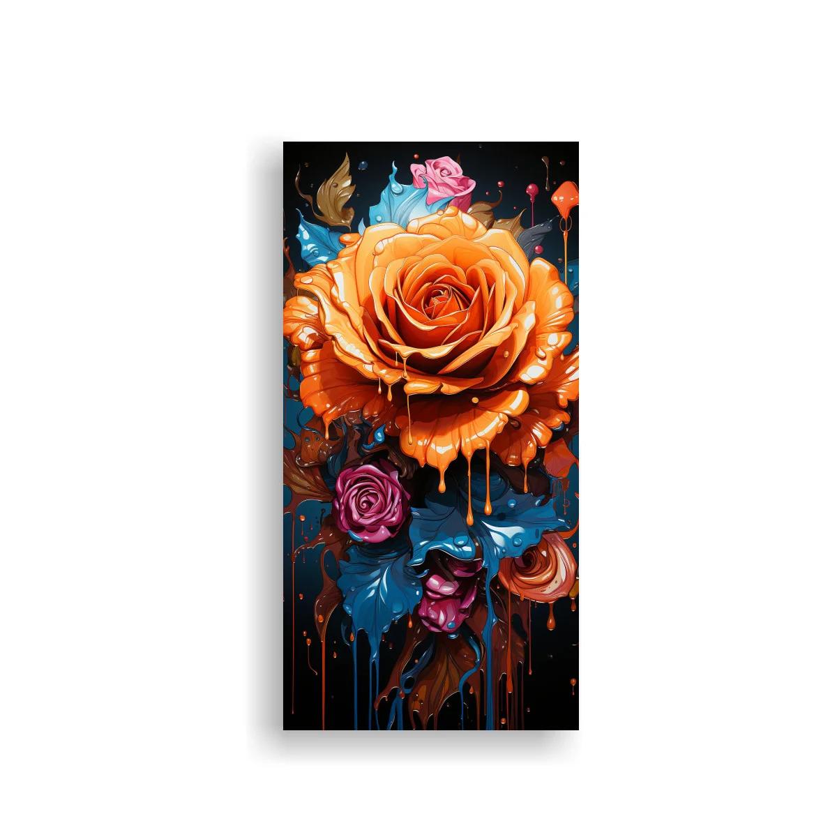Cuadro rosa naranja con hojas azules y goteo