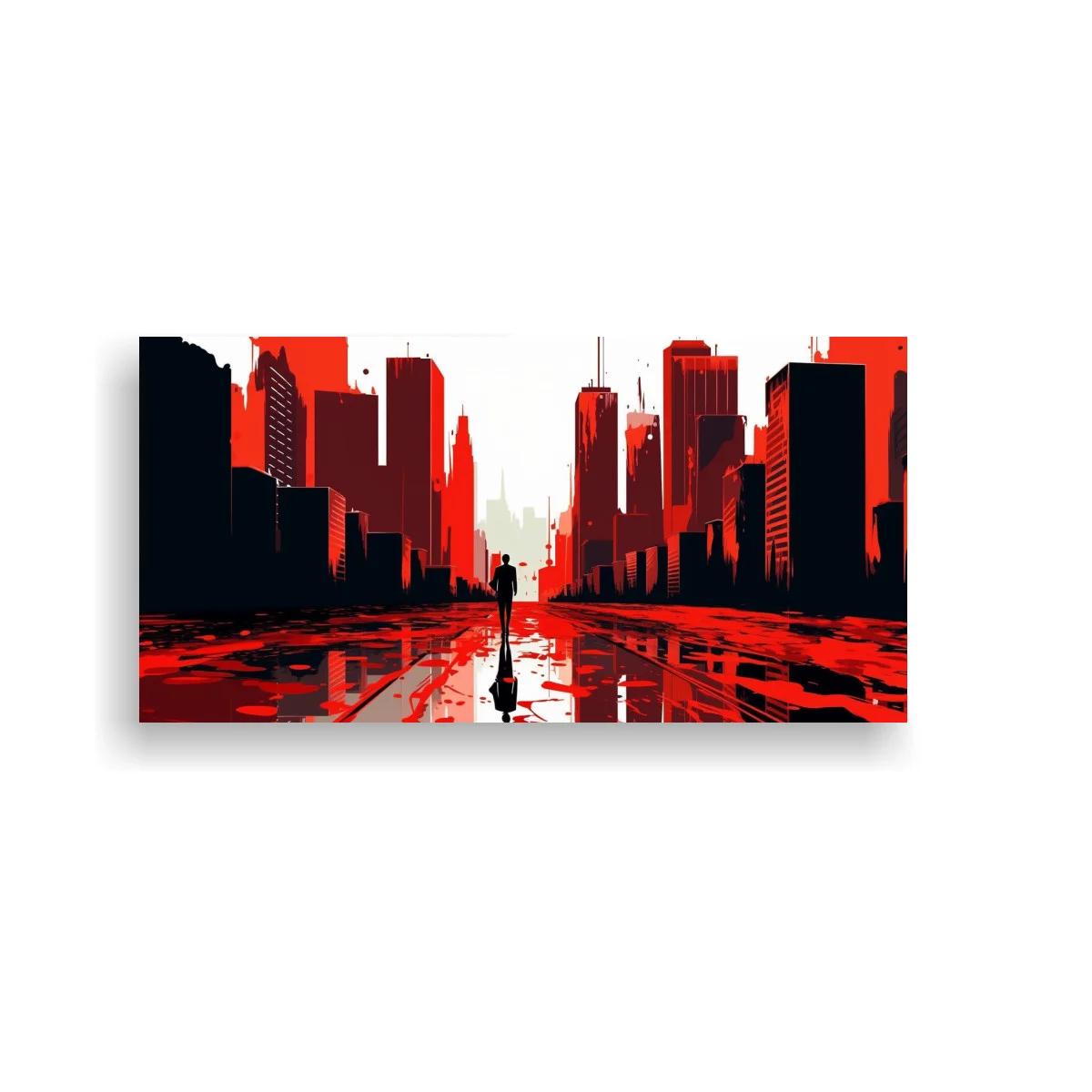 Cuadro skyline urbano con calle mojada y figura solitaria