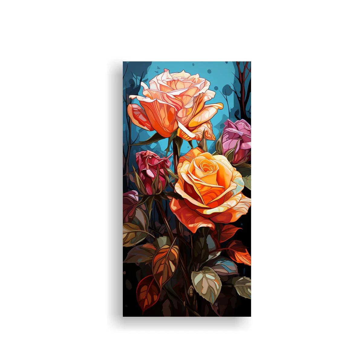 Cuadro de rosas anaranjadas sobre fondo azul turquesa