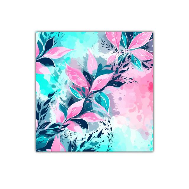 Cuadro decorativo con hojas en tonos rosa y azul vibrante