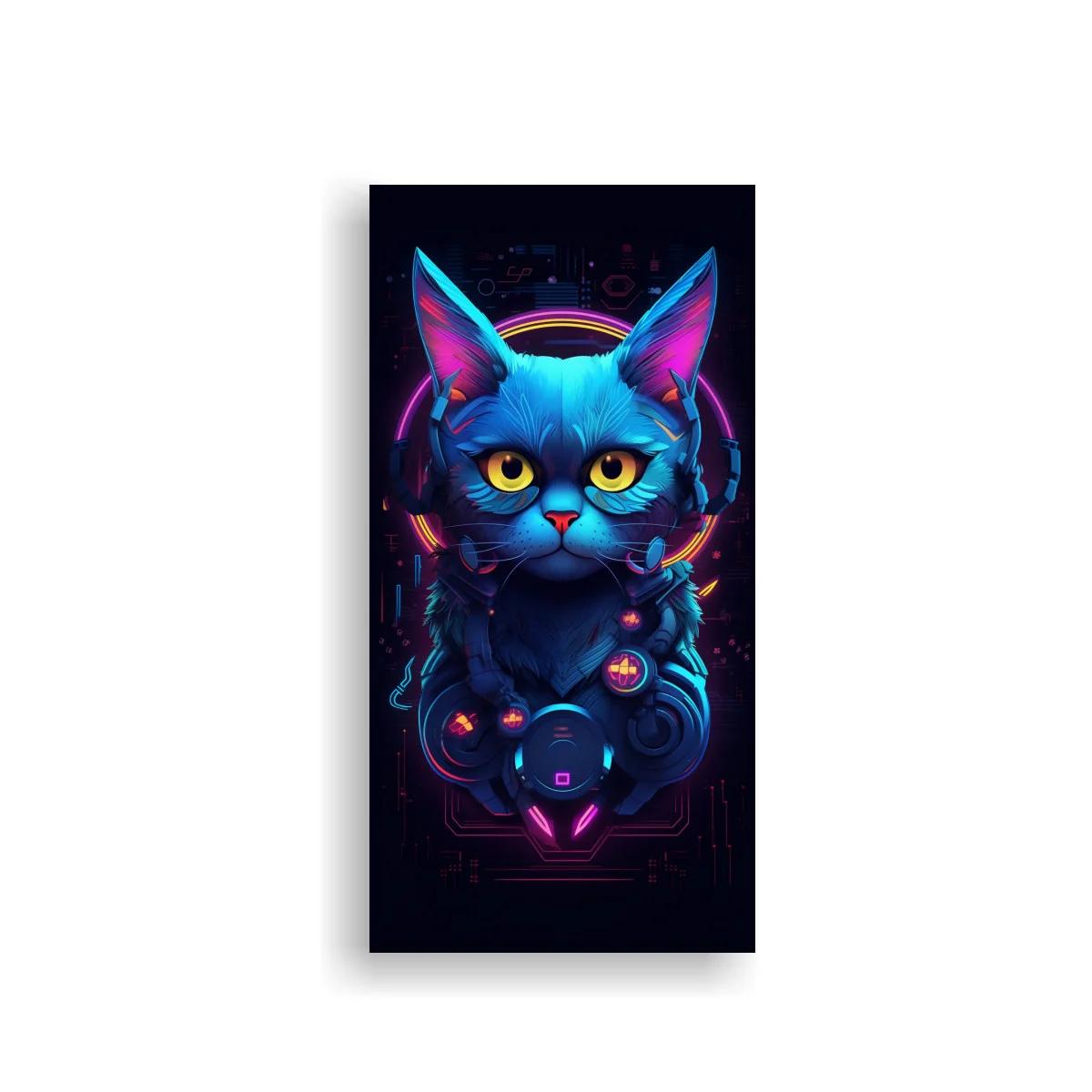 Cuadro gato azul neón con aro luminoso