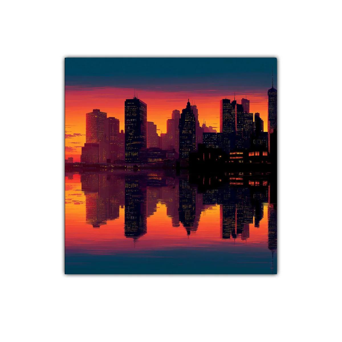 Atardecer vibrante sobre ciudad con reflejo en agua — imagen principal
