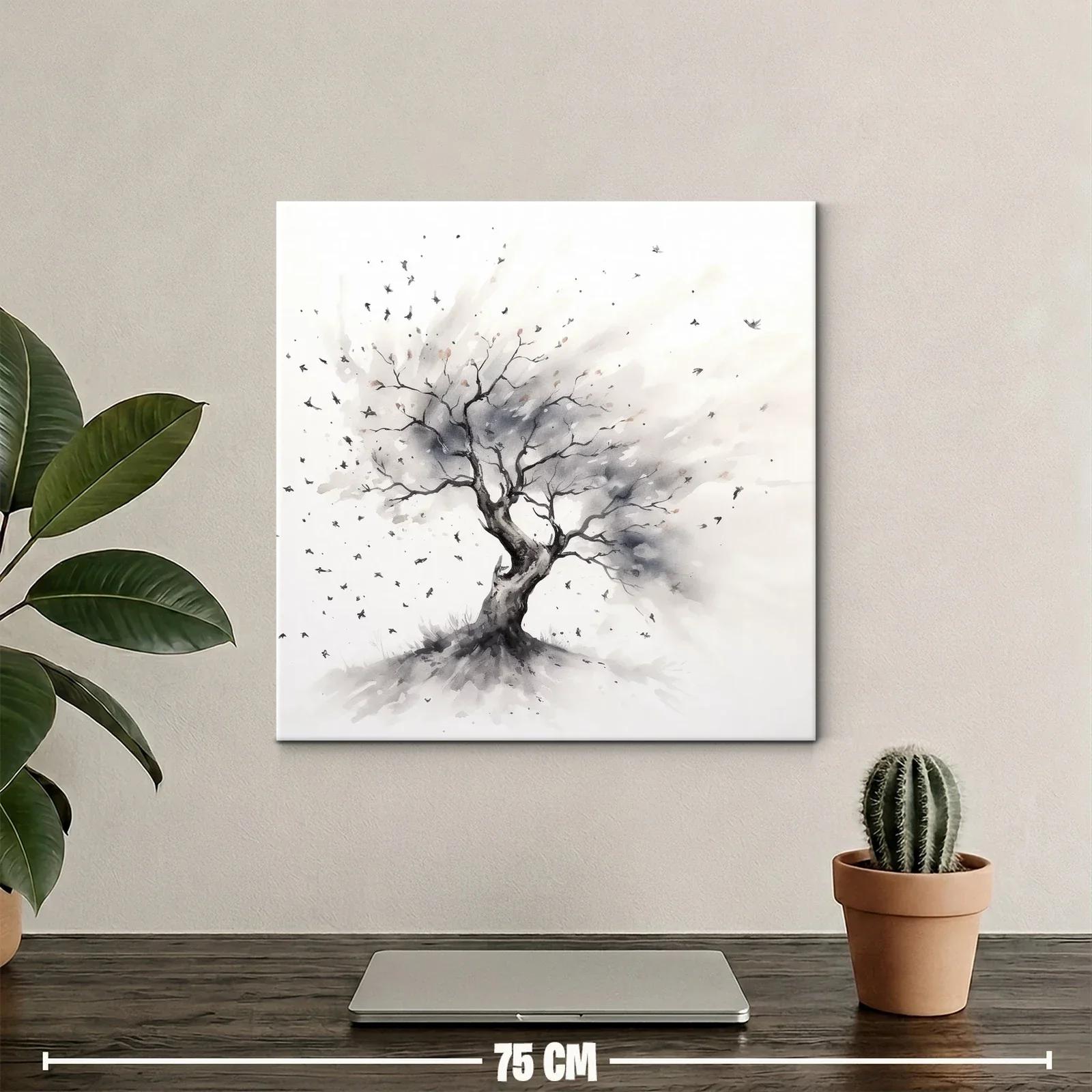 Árbol solitario con aves en tonos neutros — miniatura 2