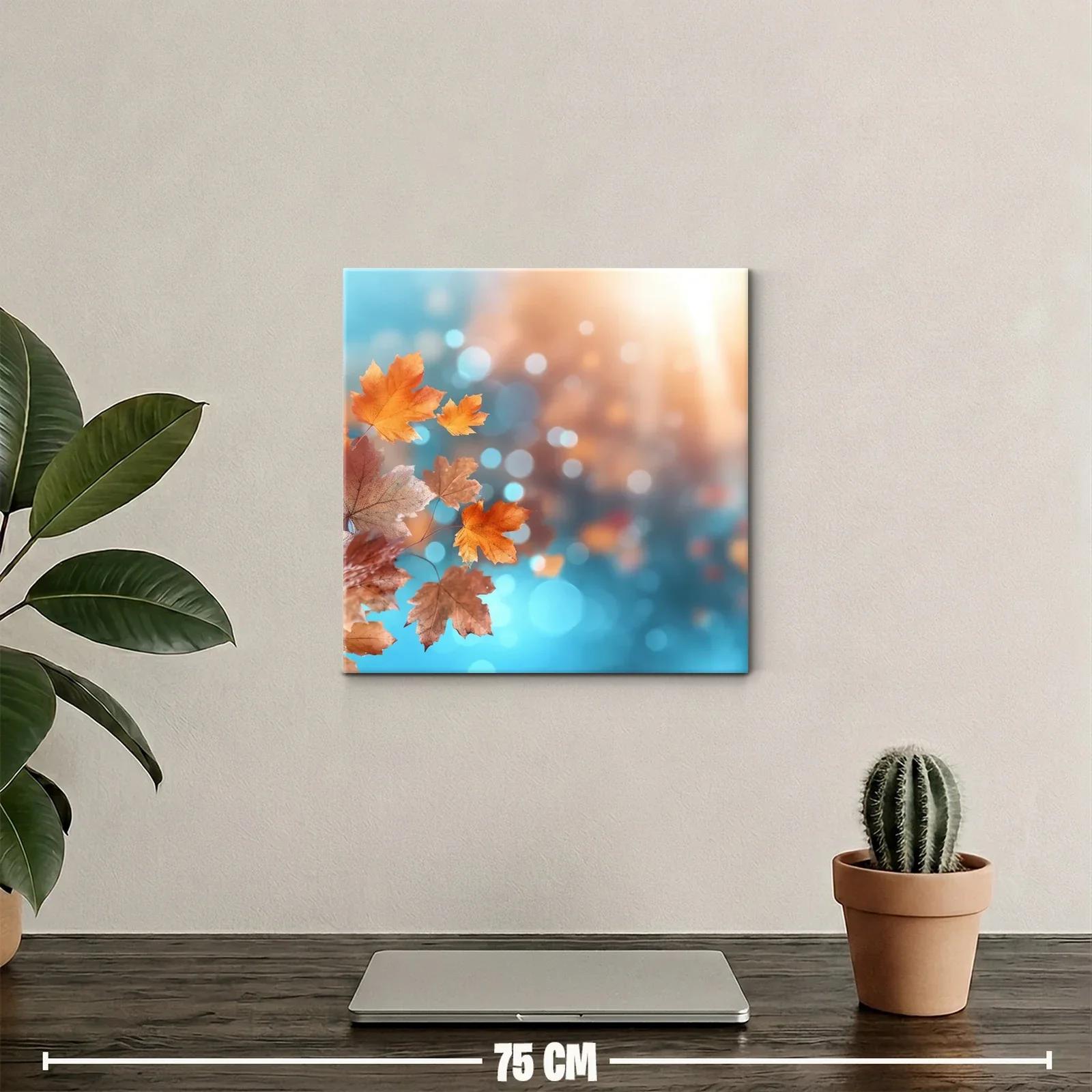Cuadro con hojas de otoño en tonos cálidos y azul brillante — miniatura 2