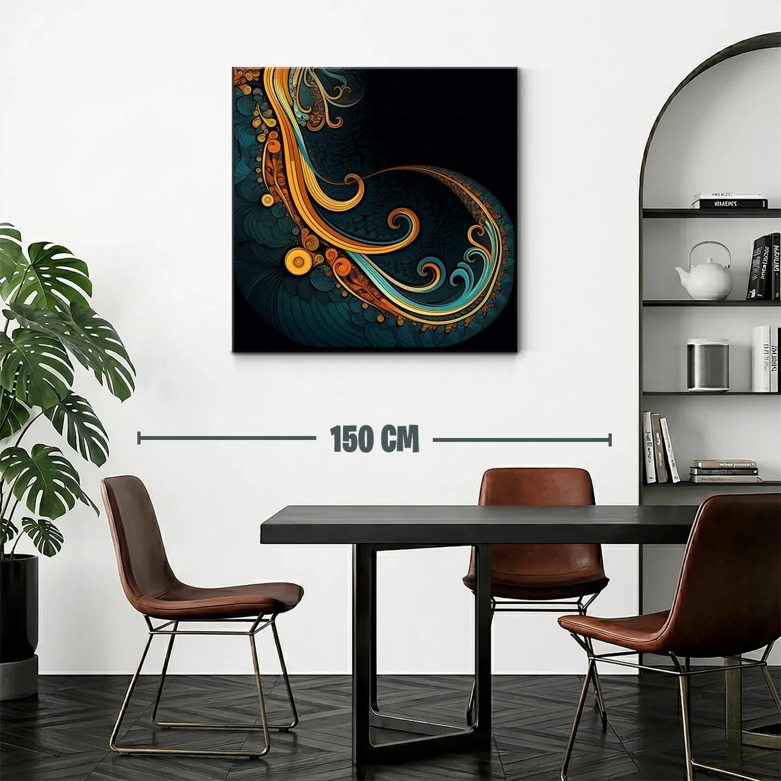 Cuadro abstracto con formas onduladas en tonos cálidos y azulados — miniatura 2