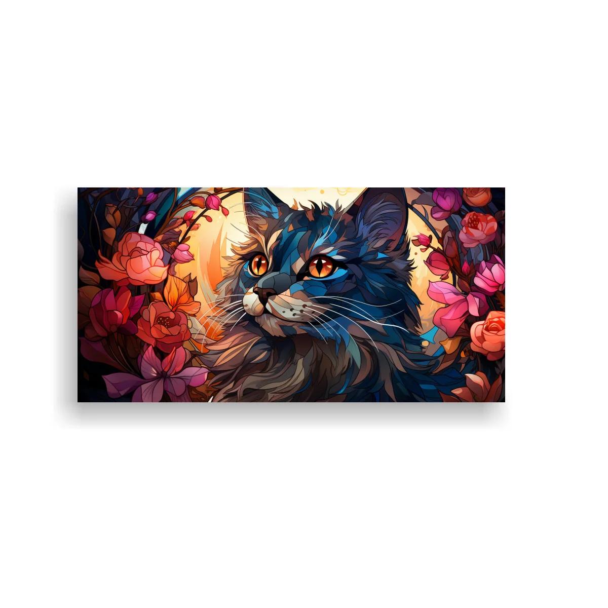 Cuadro gato de pelo largo con halo luminoso y rosas