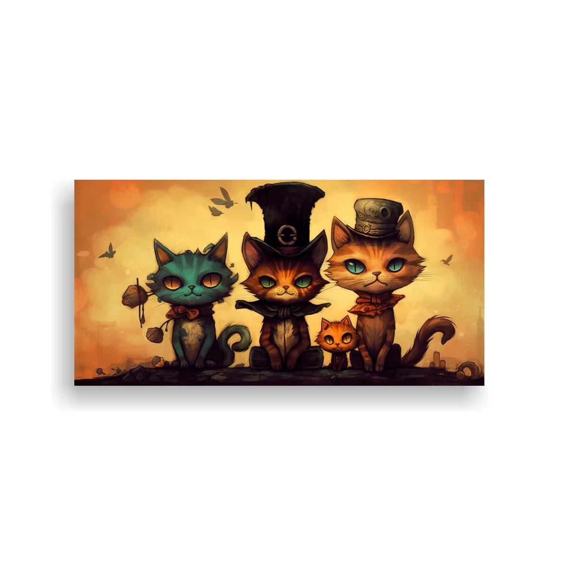 Cuadro tres gatos con sombreros y pájaros volando