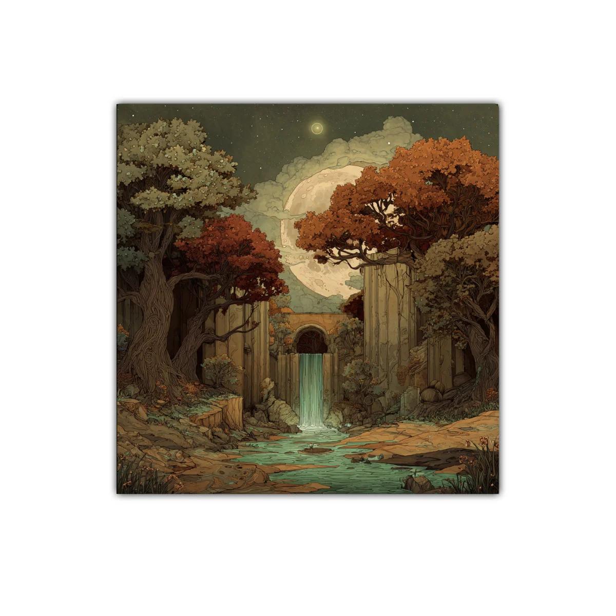 Paisaje nocturno con cascada y árboles de otoño — imagen principal