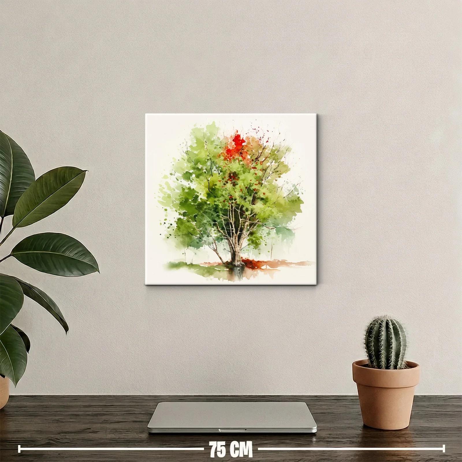 Árbol en acuarela con tonos verdes y toques otoñales — miniatura 2