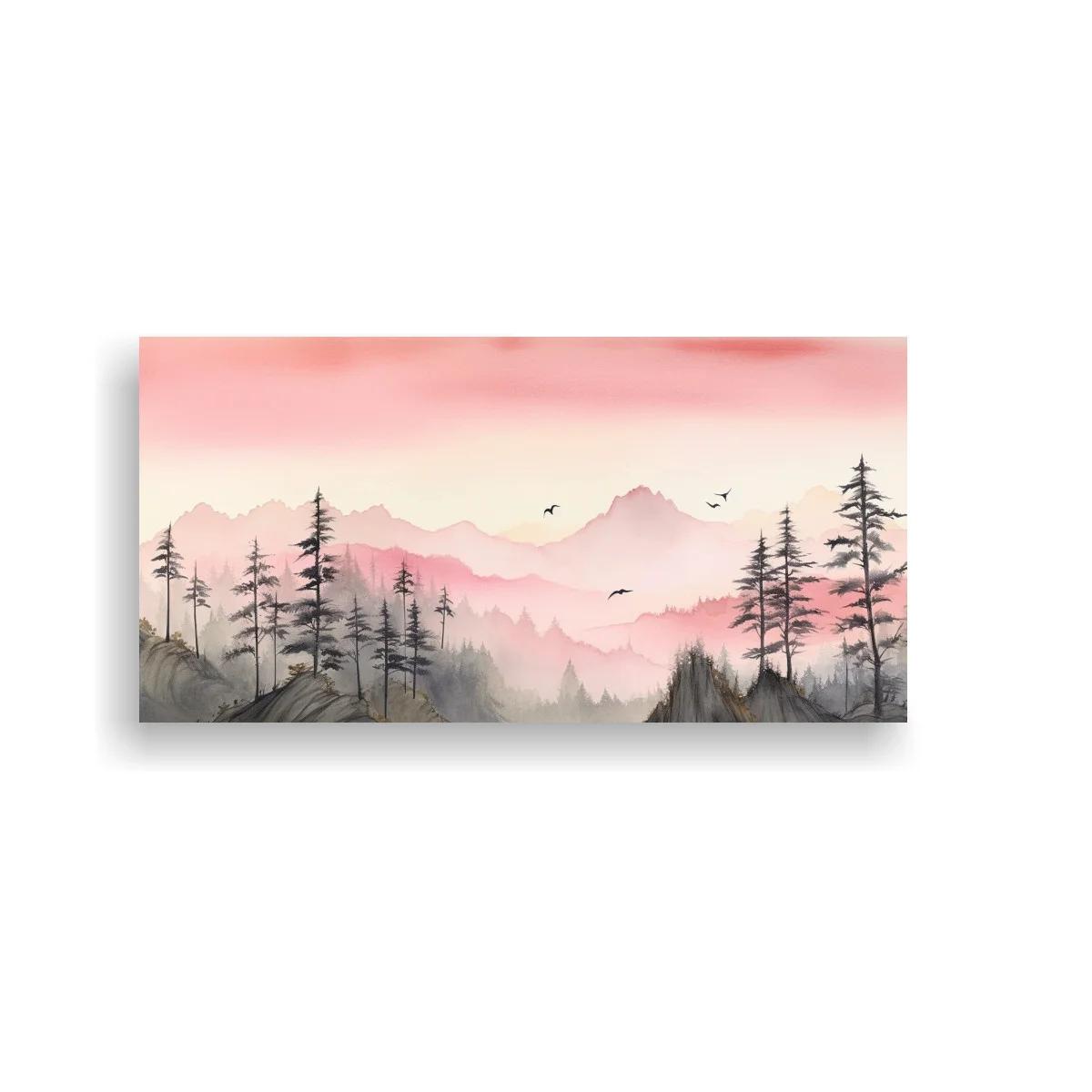 Cuadro paisaje de montañas con pinos y aves