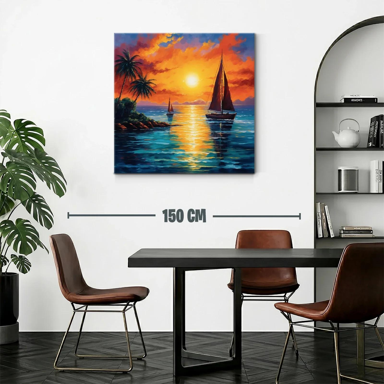 Atardecer en la costa con velero y palmeras tropicales — miniatura 2