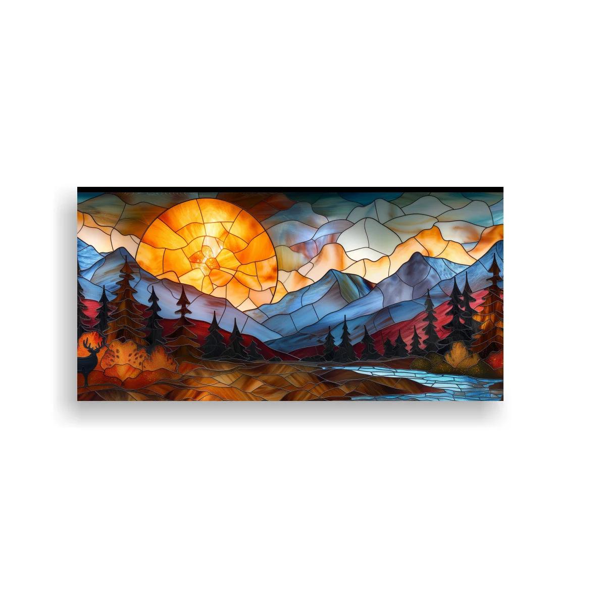 Cuadro paisaje de montaña con sol poniente y ciervo